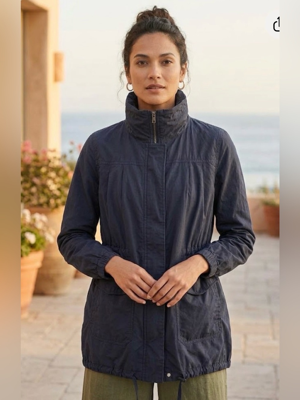 Eileen Fisher Organic Cotton Blend Stand Collar Drawstring Utility Jacket Sz M